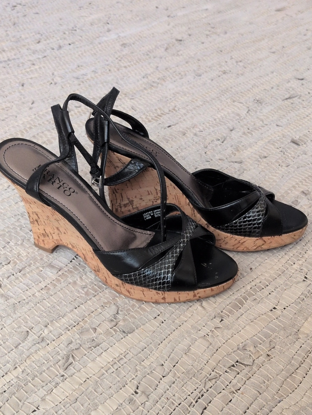 Franco Sarto Black & Silver Cork Wedge Heels | Adjustable Ankle Strap